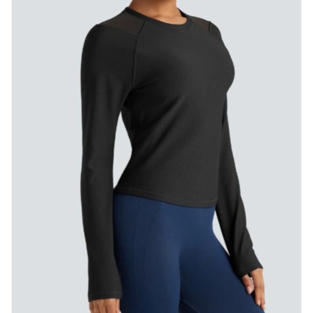 Halara Black Ribbed Long Sleeve Contrast Mesh Fitted Active Top Size Large